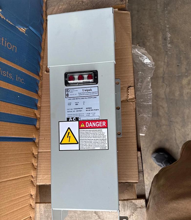 Used EATON UNIPACK FACTOR CORRECTION CAPACITOR MODEL 12X43PMURF 2XVB 60 HZ 12.5 KVAR