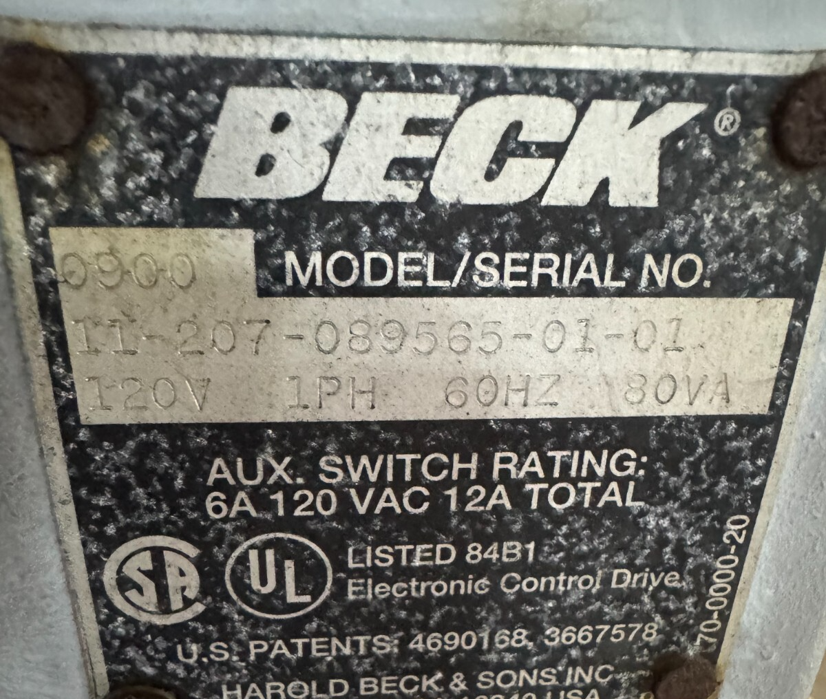 Beck Electric Actuator Model 11-089565-01-01 Q1 120V 1 PH 80 VA