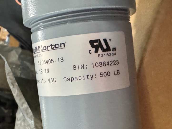 DUFF NORTON LINEAR ACTUATOR YY5 MODEL SPB6405-18" STROKE 115 V 500 LB CAPACITY