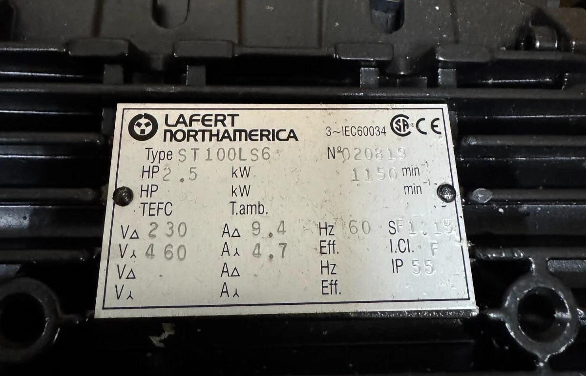 LAFERT MOTOR M1 2 1/2 HP MODEL ST100LS6 1200 RPM 208-230/460V 3 PH FR 1100L