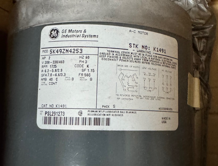 GE 2 HP MOTOR AD4A K1491 5K49ZN4253 1725 RPM 208/230/460 V 6.2-5.8/2.9 A FR 56