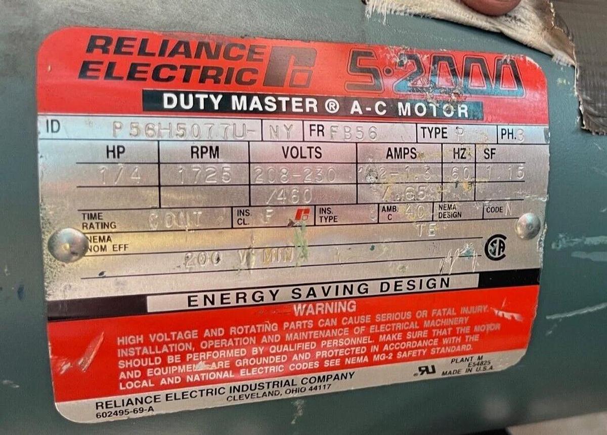 RELIANCE S2000 DUTY MASTER MOTOR 1/4 HP 208/230 460/480 V 1725 RPM FRAME FB56 P5