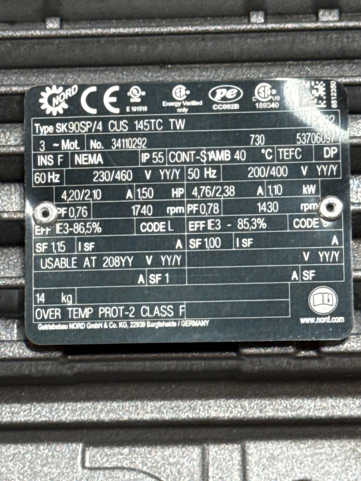 Used NORD GEAR MOTOR 2YAA MOD SK90SP/4 CUS 145TC TW 1740 INPUT  RPM 123.4 TO 1 RATIO