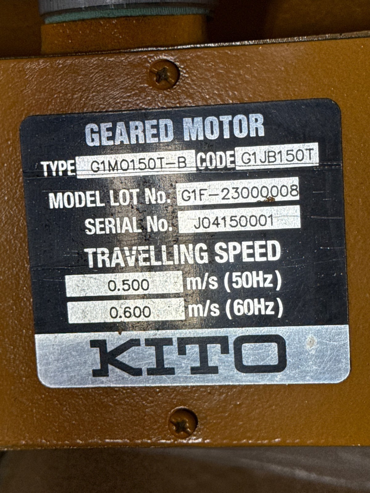 Used KITO OVERHEAD CRANE GEAR MOTOR MODEL G1MO150-B G1JB150T .60 M/S 2 HP 2YAC