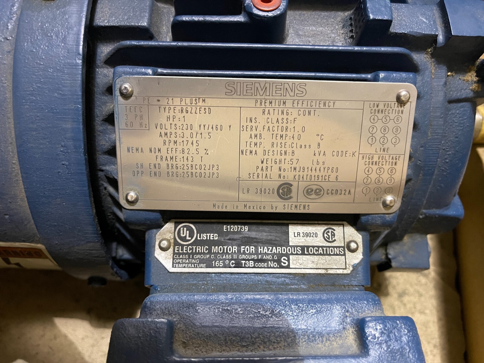 Motor 1 HP Electric Motor  PE 21+ Siemens RGZEESD 1800 RPM 230/460V  93