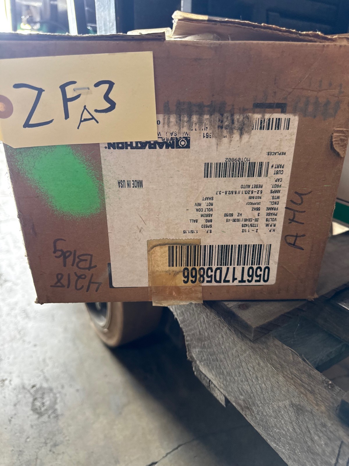 Used MARATHON Motor 2 HP MODEL MOT09802 NQA 56T1 ZF3A ZFA3 1725 RPM 208/230-460 V 3