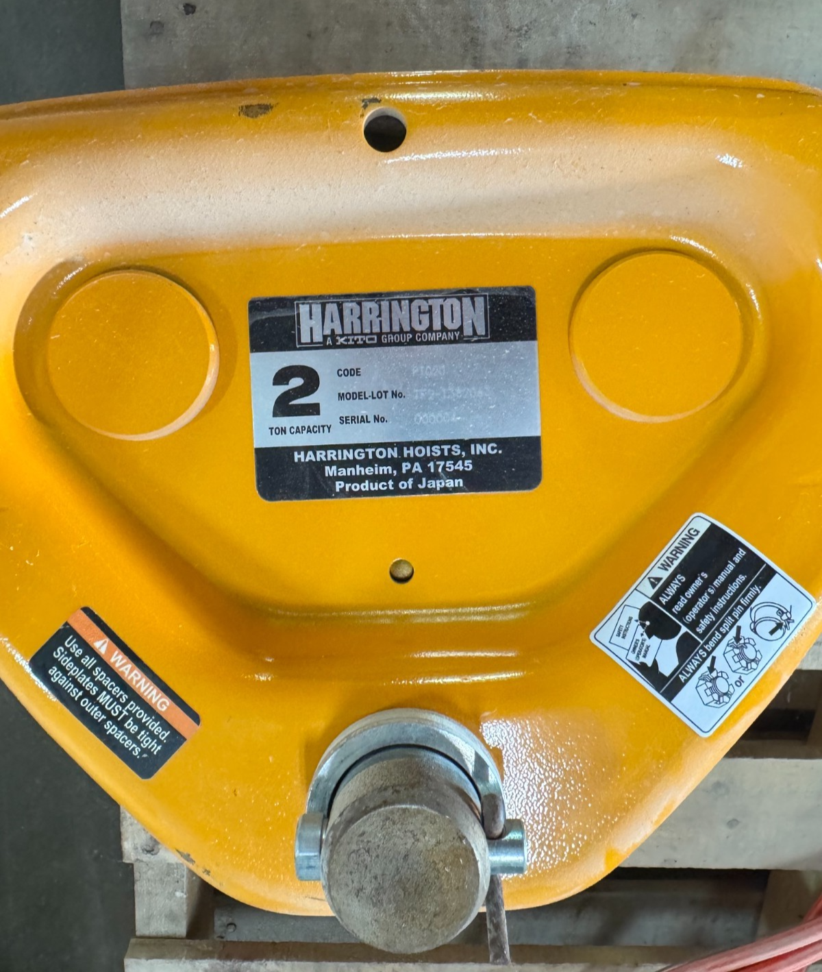 Used Harrington Pneumatic Hoist 2 Ton TCK2000-P2  WITH TROLLEY 2YR3-9