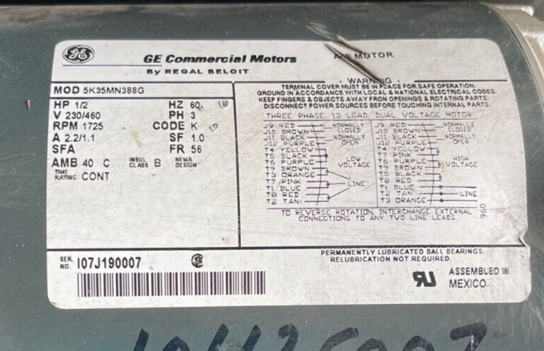 GE COMMERCIAL MOTORS 1/2 HP 1725 RPM 230/460 V FRAME 388G 5K35MN388G