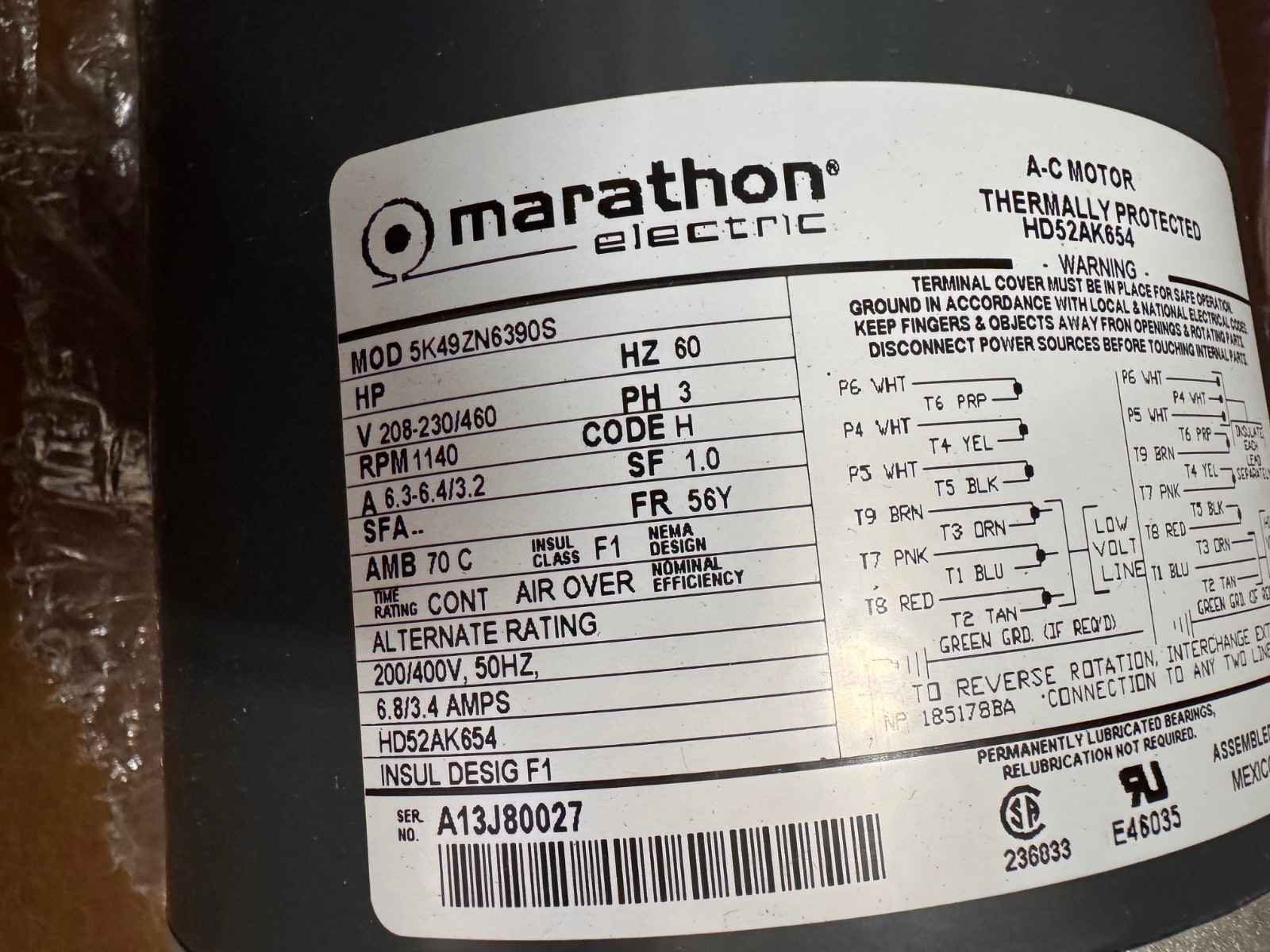 MARATHON Motor 1 HP MODEL HD52AK654  ZL8 ZK2 WA6C 1140 RPM 208/230-460 V 3 PH