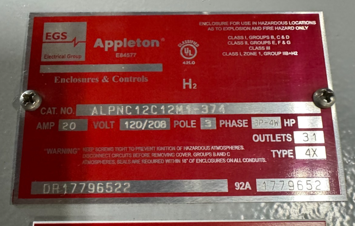 Appleton EXPLOSION PROOF BREAKER PANEL ALPNC12C12M1 20 AMP 120/208V 3 POLE 3 PH