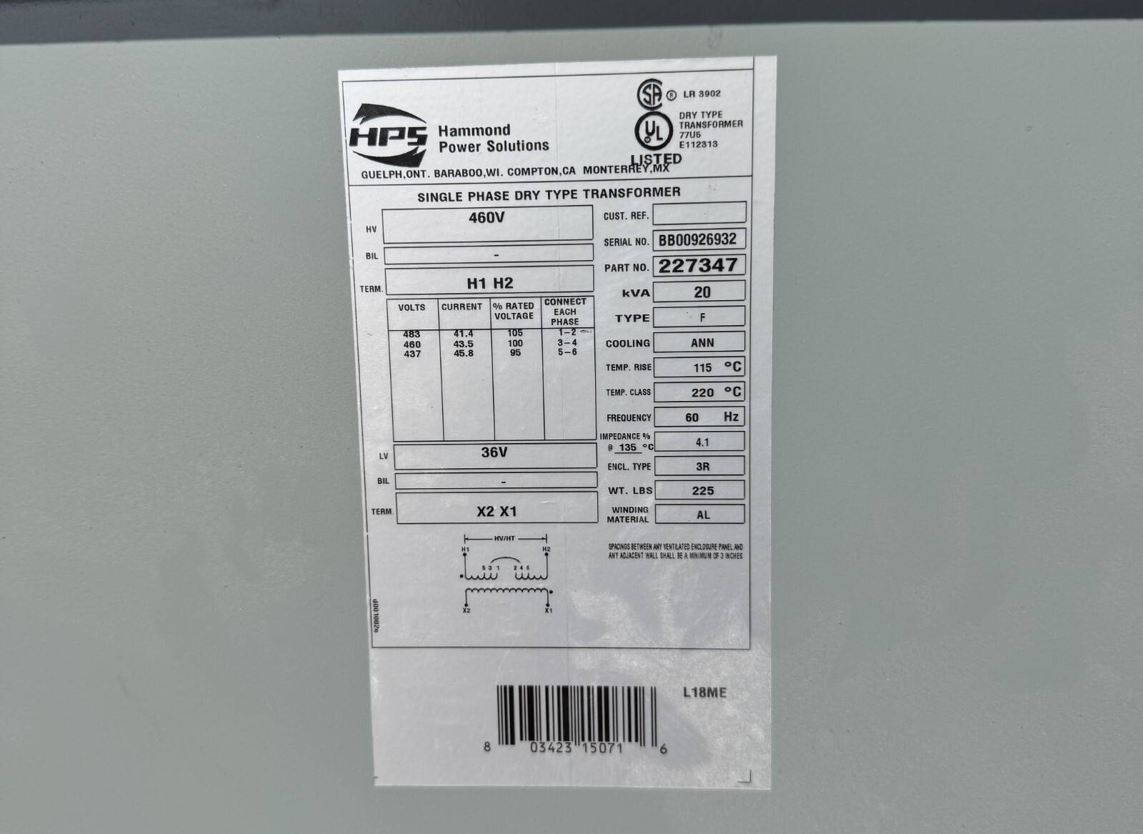 TRANSFORMER A 20 KVA DRY TYPE HAMMOND 460 V - 36 V 1 PH Model 227347