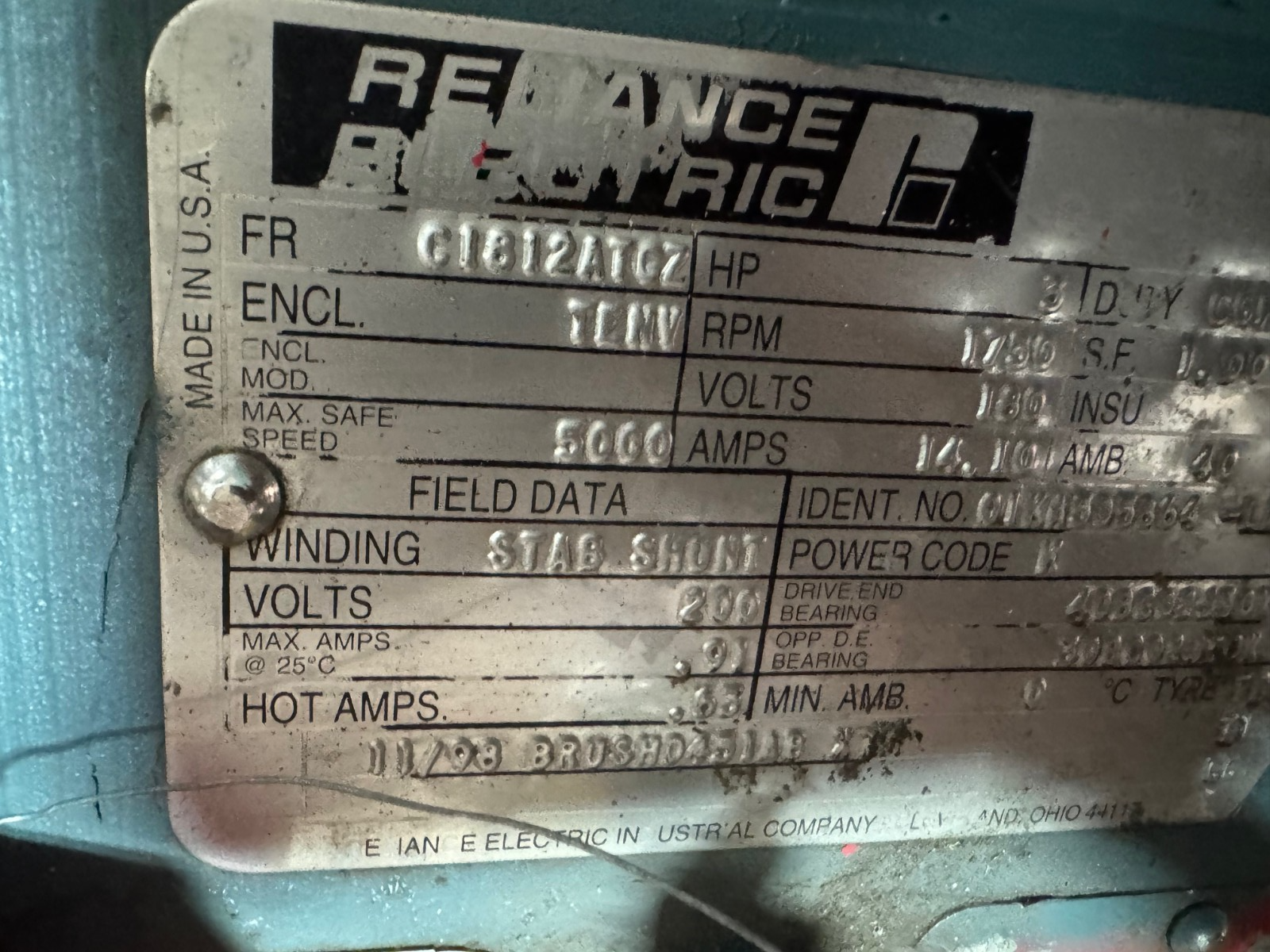 RELIANCE 3 HP DC MOTOR XA12 1750 RPM 180 VDC 14 AMP FRAME C1812ATGZ