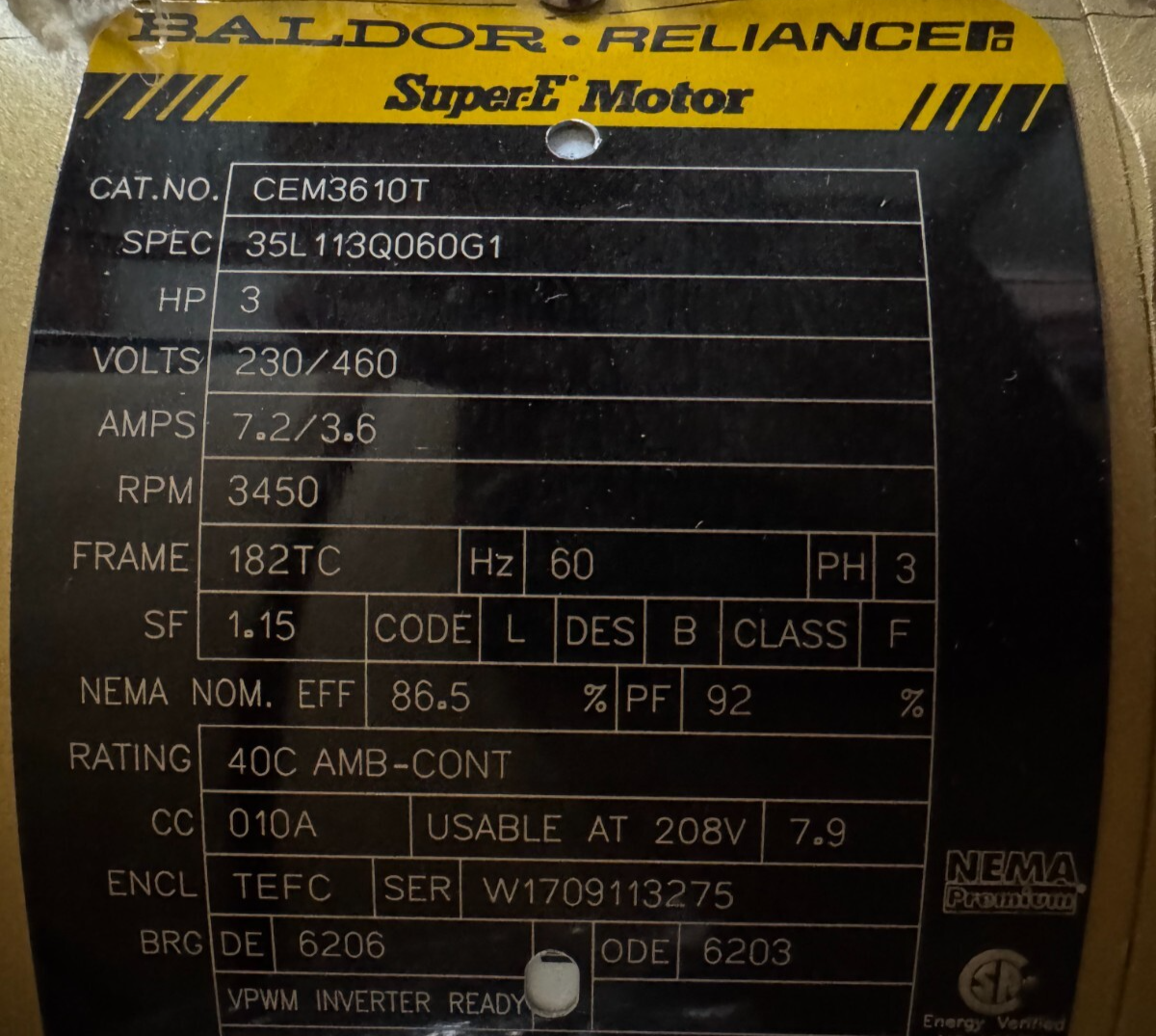BALDOR MOTOR I2 3 HP M3704T 1150 RPM 208-230/460 V 9.8-10/5.1 AMP 3 PH FR 213T