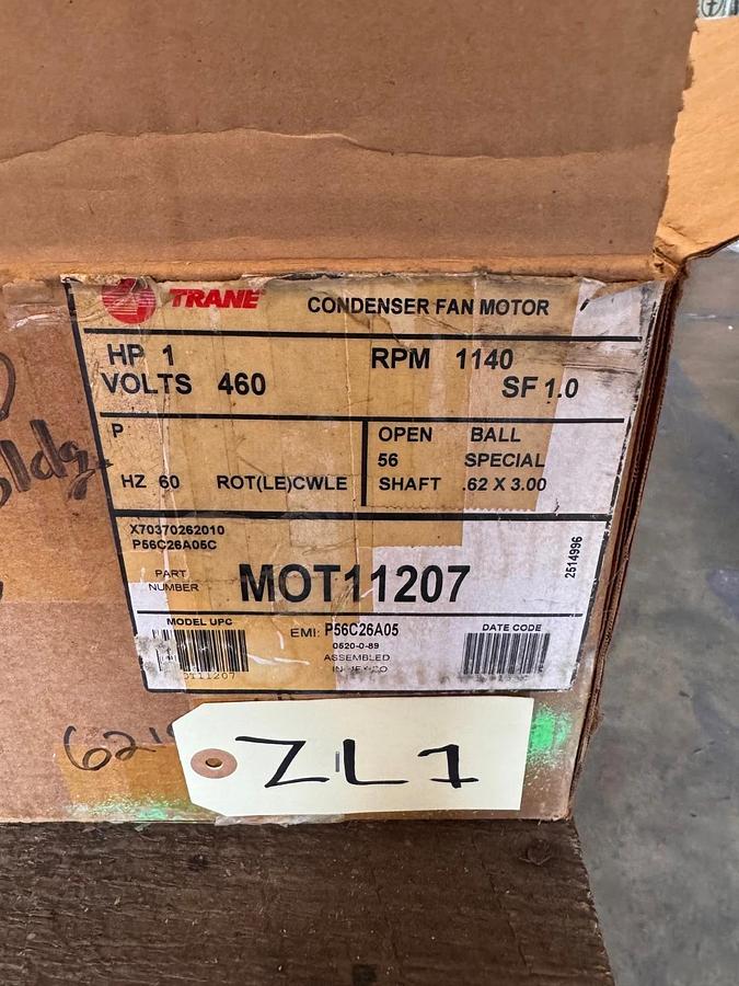 TRANE Motor 1 HP MODEL MOT11207  P56C26A05 ZI8 Z19 ZL1 1140 RPM 460V 1.8 AMP 3 P