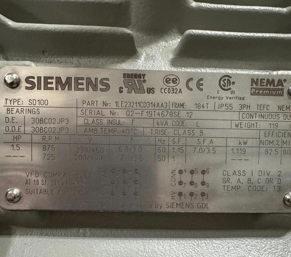 SIEMENS MOTOR L4 1 1/2 HP SD100 1LE23211CD314AA3 875/725 RPM 230/460 200/400 V