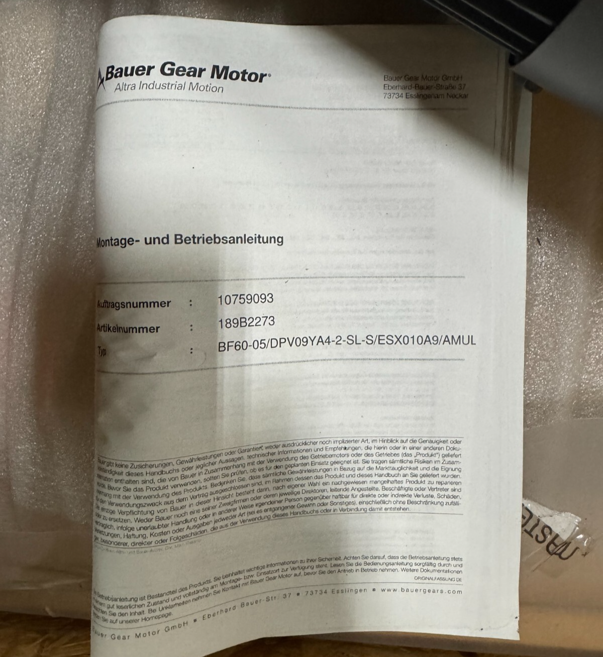 Bauer Gear Motor Z  BF60-05/DPV09YA4-2-SL-S/ESX010A9AMUL 1750 TO 14 RPM 480 V