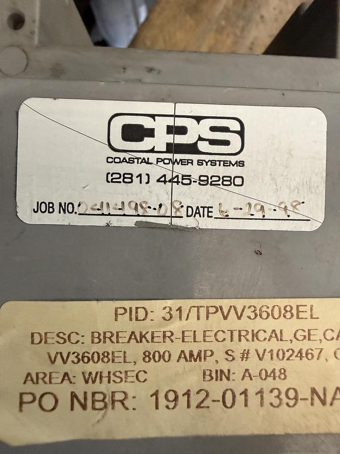 Refurbished GE 800 AMP BREAKER MODEL TPVV3608E1 2YY4 S NO V102467 CTRL VTAGE 120VAC TRIP UNIT RMS-9 MICRO-VERSA TRIP PROGRAMMER CAT TS20L1 RATING PLUG TR2SX