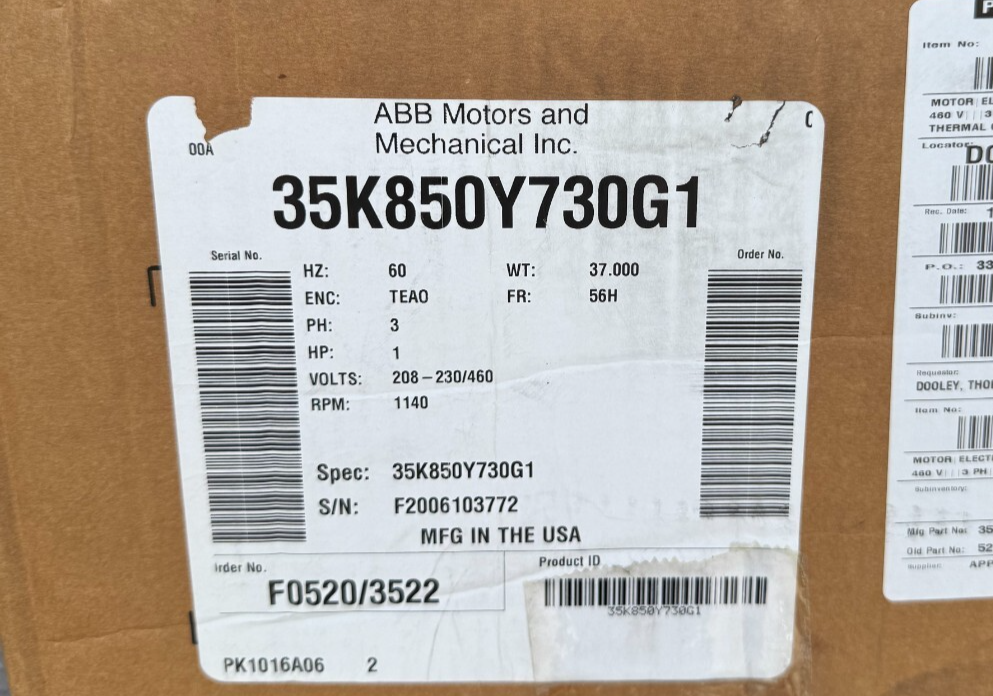 ABB BALDOR MOTOR H3 1 HP 35K850Y730G1 1140 RPM 208-230/460 V AMP 3 PH  FR 56H
