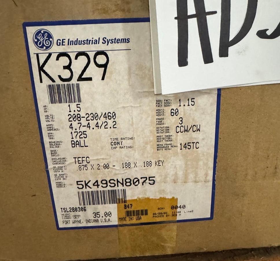 GE 11/2 HP MOTOR AD5B K329 5K49SN8075 1725 RPM 208/230/460 V 4.7-4.4/2.2 AMP