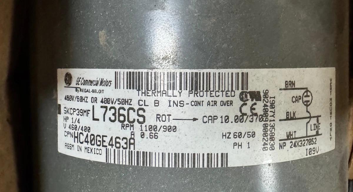 GE MOTOR 1/4 HP WA6F L736CS 1100/900 RPM 460/400 V .66 AMP 1 PH