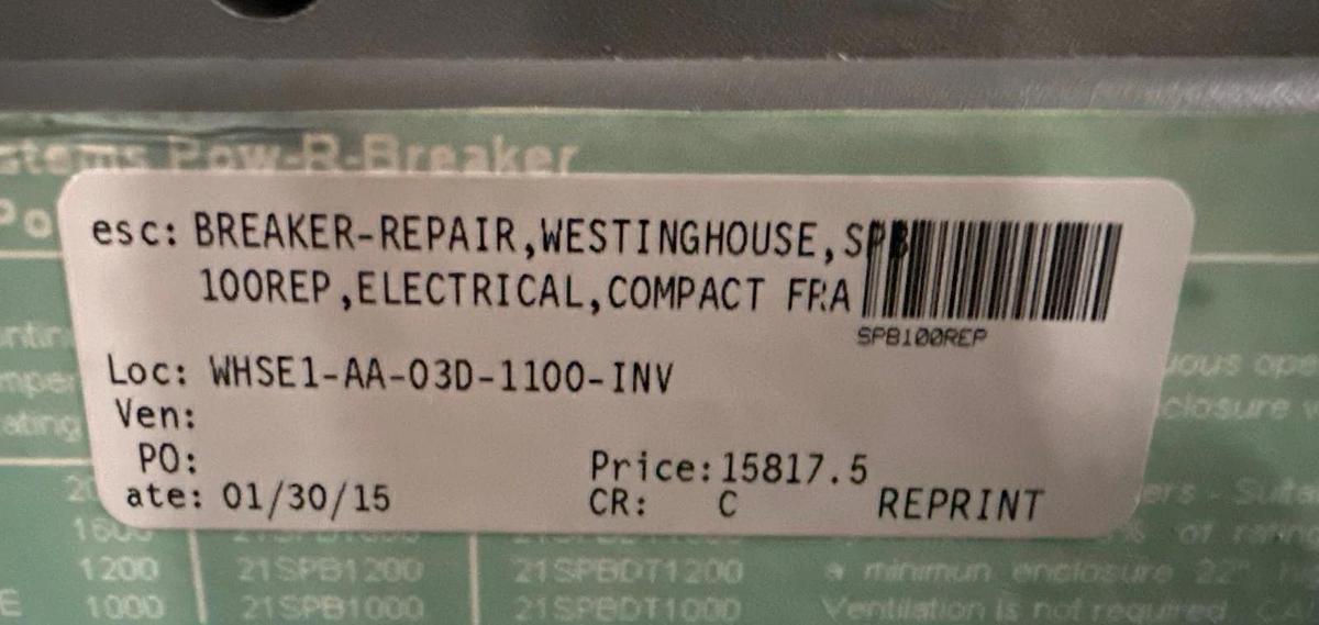 Refurbished WESTINGHOUSE MODEL SPB100- 21SPB2000 COMPACT FRAME 2000 AMP POW-RI-BREAKER 3-POL