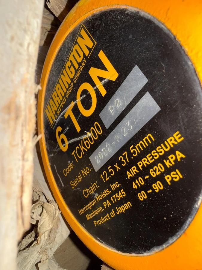 Used Harrington Pneumatic Hoist 6 Ton TCK6000-P2 WITH TROLLEY 2YQ2-7 2RY2