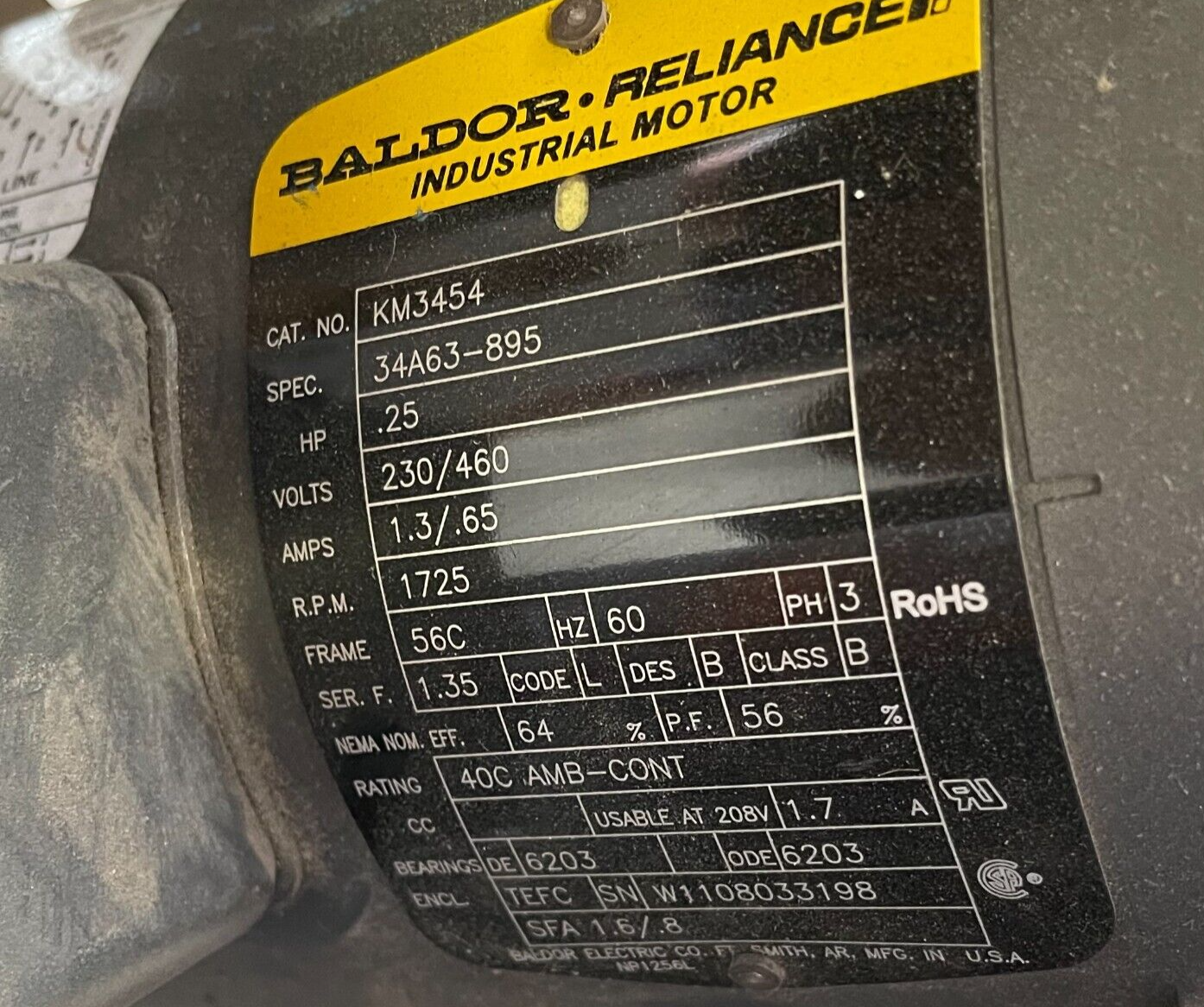 BALDOR 1/4 HP MOTOR 1725 RPM 230/460 V FRAME 56C KM3454