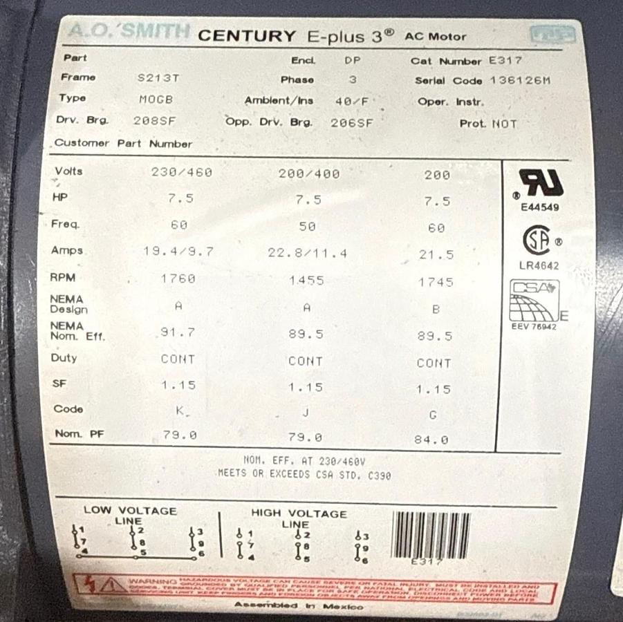 Used AO SMITH CENTRY E PLUS 3 Motor 7.5 HP MODEL E317MOGB ZFA2 1760 - 1745 RPM 230/46