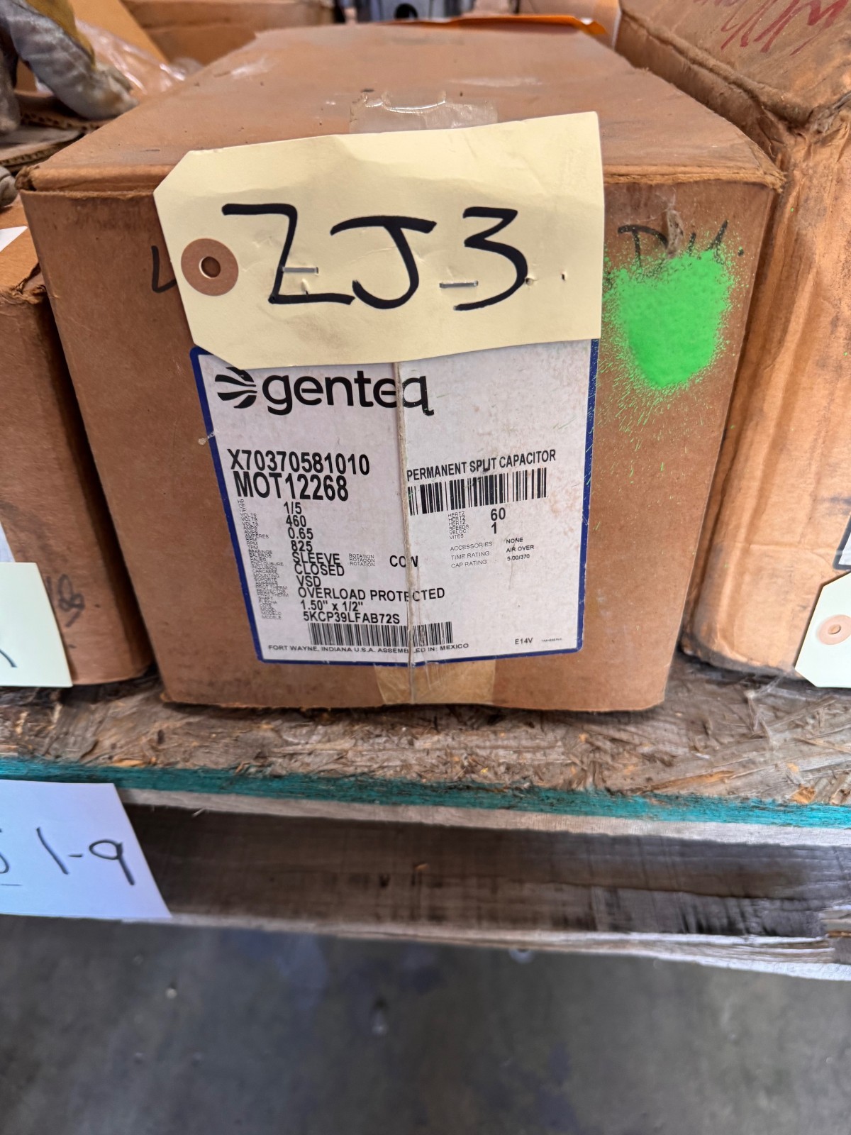 GENTEQ Motor 1/5  HP MODEL MOT12268 AB72S ZJ3 ZJ6 825 RPM 400/460 V . 65 AMP