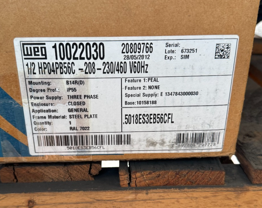 WEG MOTOR RR3 1/2 HP MODEL 5018ES3EB56CFL 1750 RPM 208-230/460 V 1.65/.80 AMP