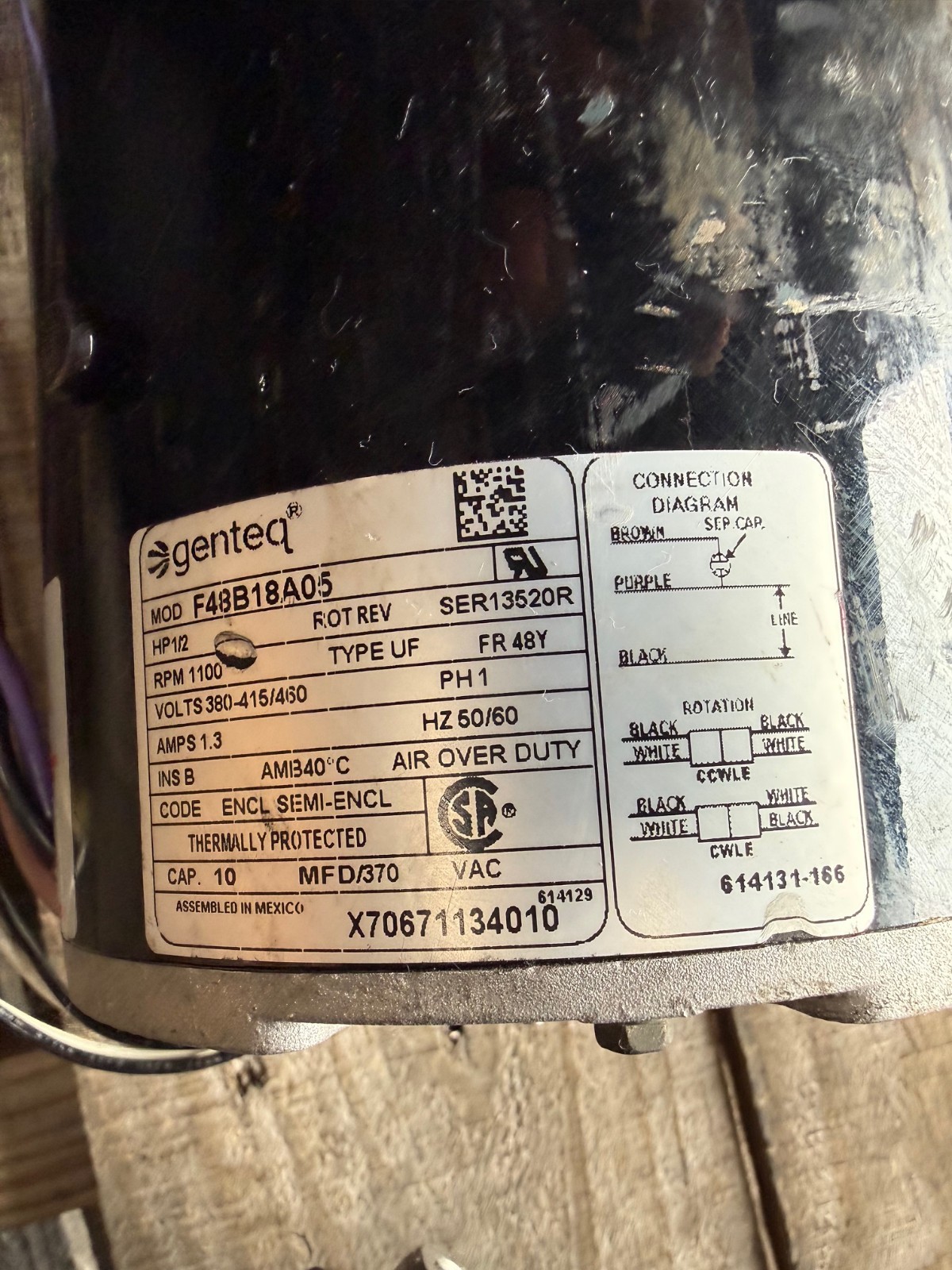 GENTEQ Motor 1/2  HP MODEL F48B18A05 ZT2 1100 RPM 380-415/460 V 1.3 AMP 1 PH FRA