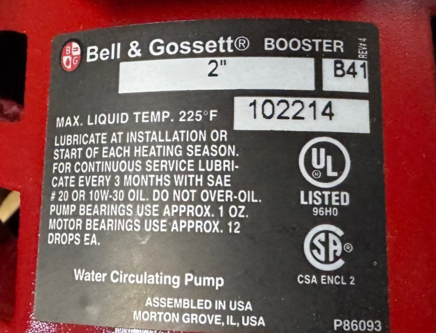 Bell & Gossett 2" X 2" CENTRIFUGAL PUMP VA18F MODEL B41 1725 RPM 1/6 HP Motor 11