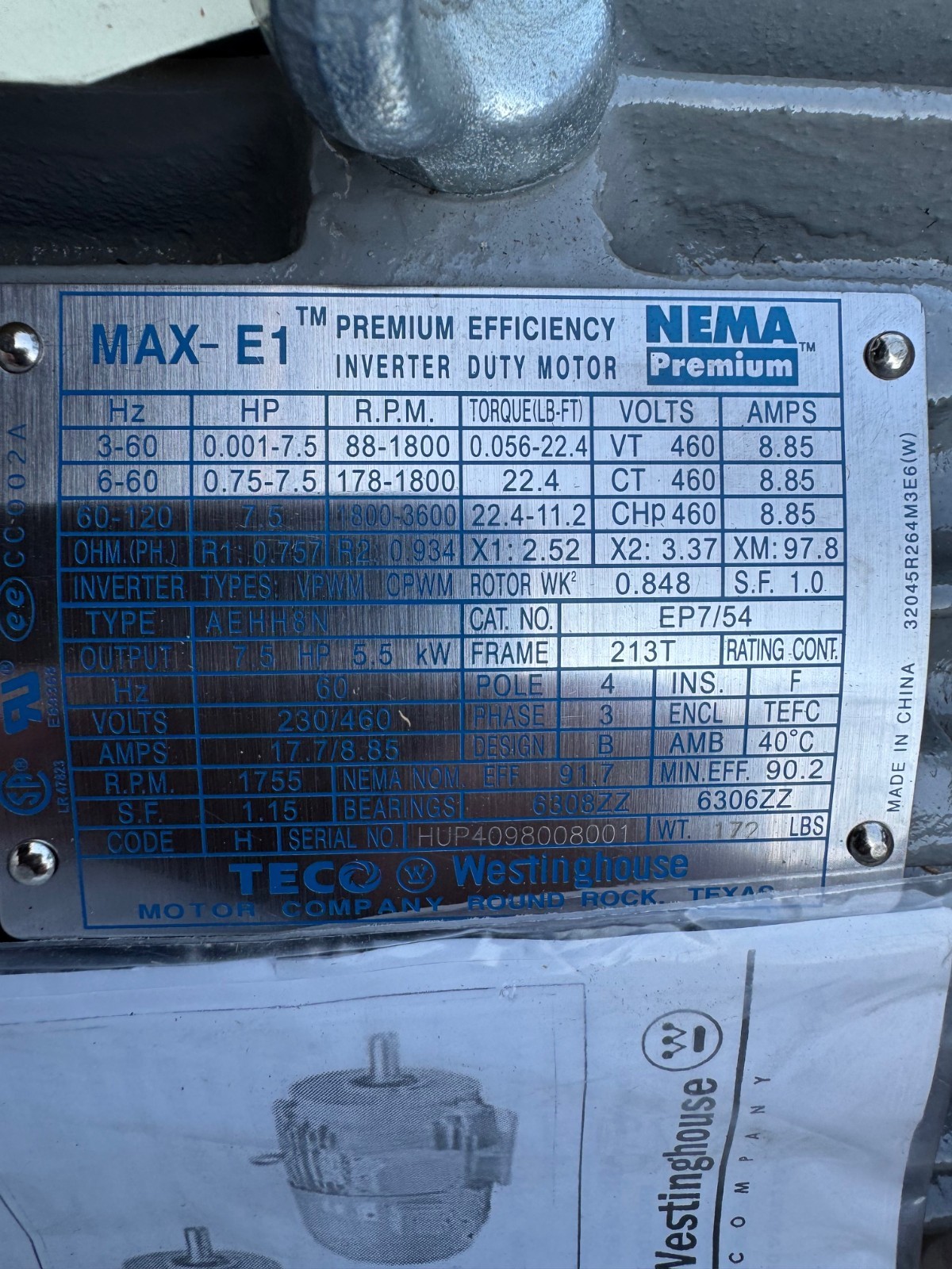 TECO WESTINGHOUSE 7.5 HP MOTOR XA17 1800-3600 RPM 230/460 V 17.8 AMP FRAME 213T