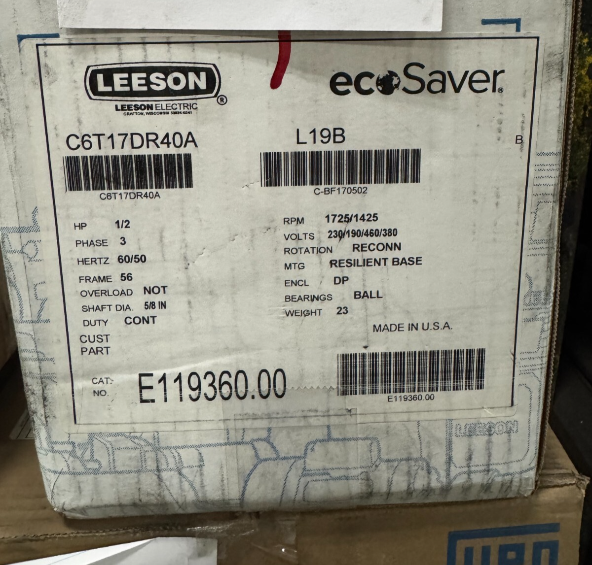 LEESON MOTOR N6 1/2 HP E119360.00 1725/1425 RPM 230/190/460/380 V  3 PH FR 56