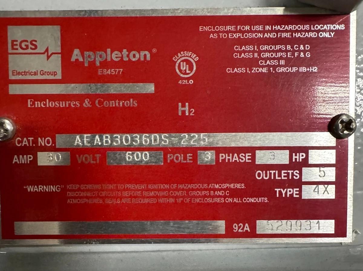 APPLETON EGS EXPLOSION PROOF SWITCH AEAB3036DS-225 V46 30 AMP 600 V 3 PL 3 P