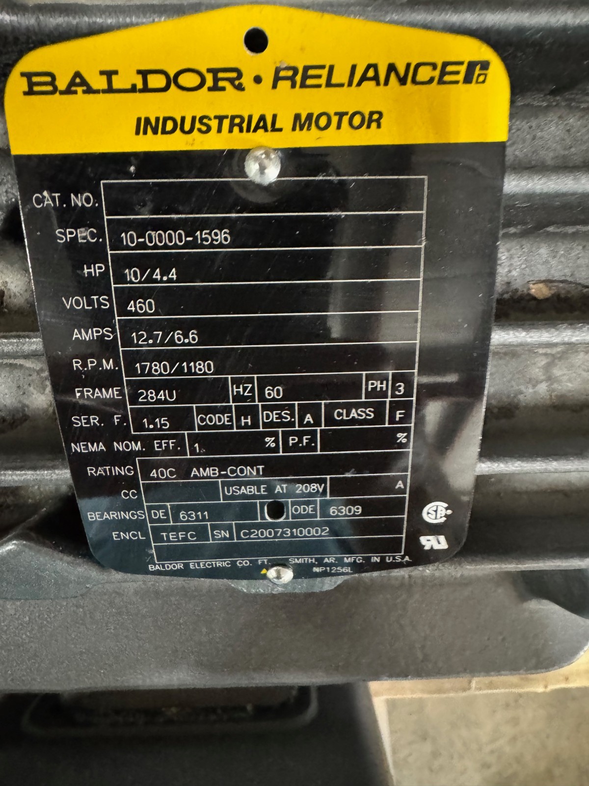 BALDOR INDUSTRIAL Motor 10 / 4.4 HP VA4 MODEL  1780/1180 RPM 460 V 12.7/6.6 AMP