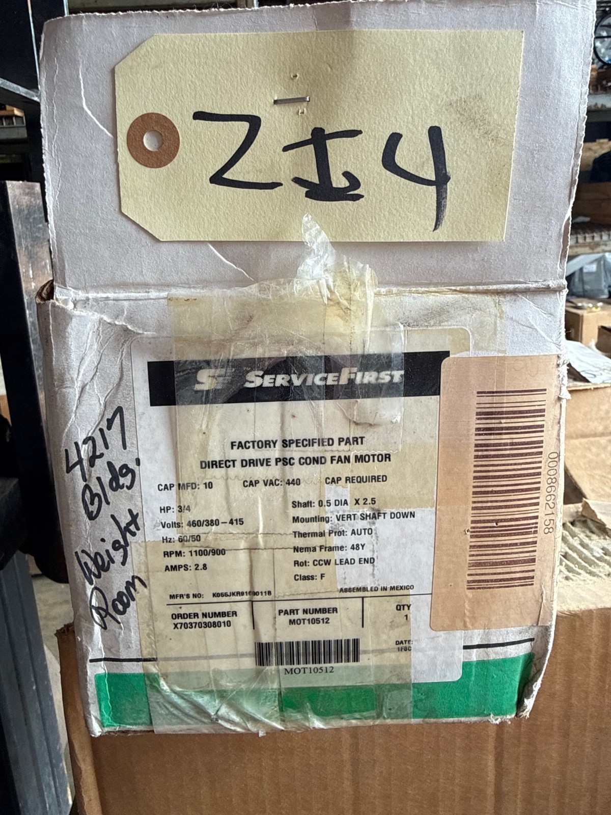 Used SERVICE FIRST Motor 3/4 HP MODEL MOT10512 ZI4 1100/900 RPM 460/380-415 V 2.8 AMP
