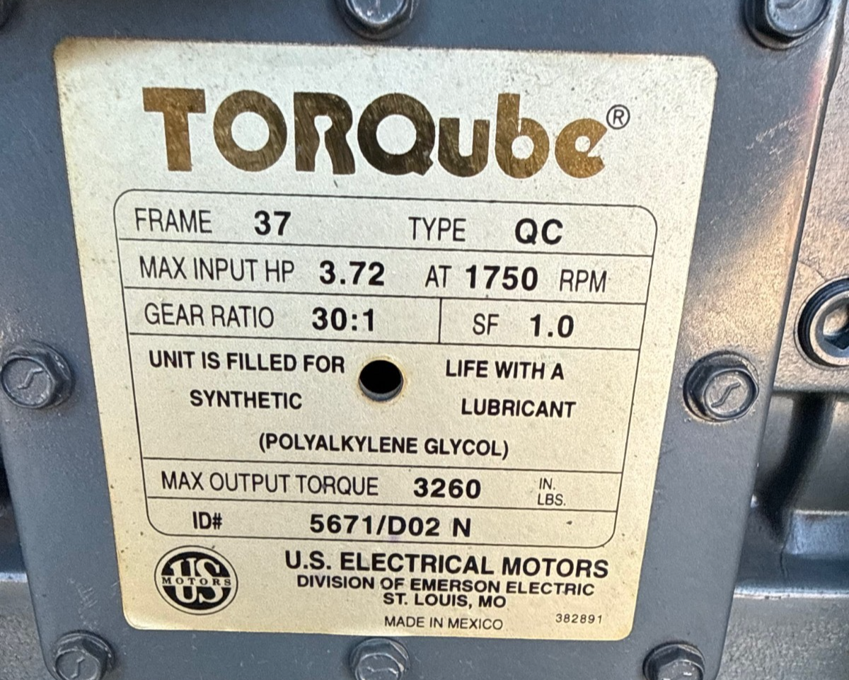 TORQUBE GEAR REDUCER 1XSA TYPE QC FRAM 37 3.72 HP 1750 RPM IN 30 TO 1 RATIO