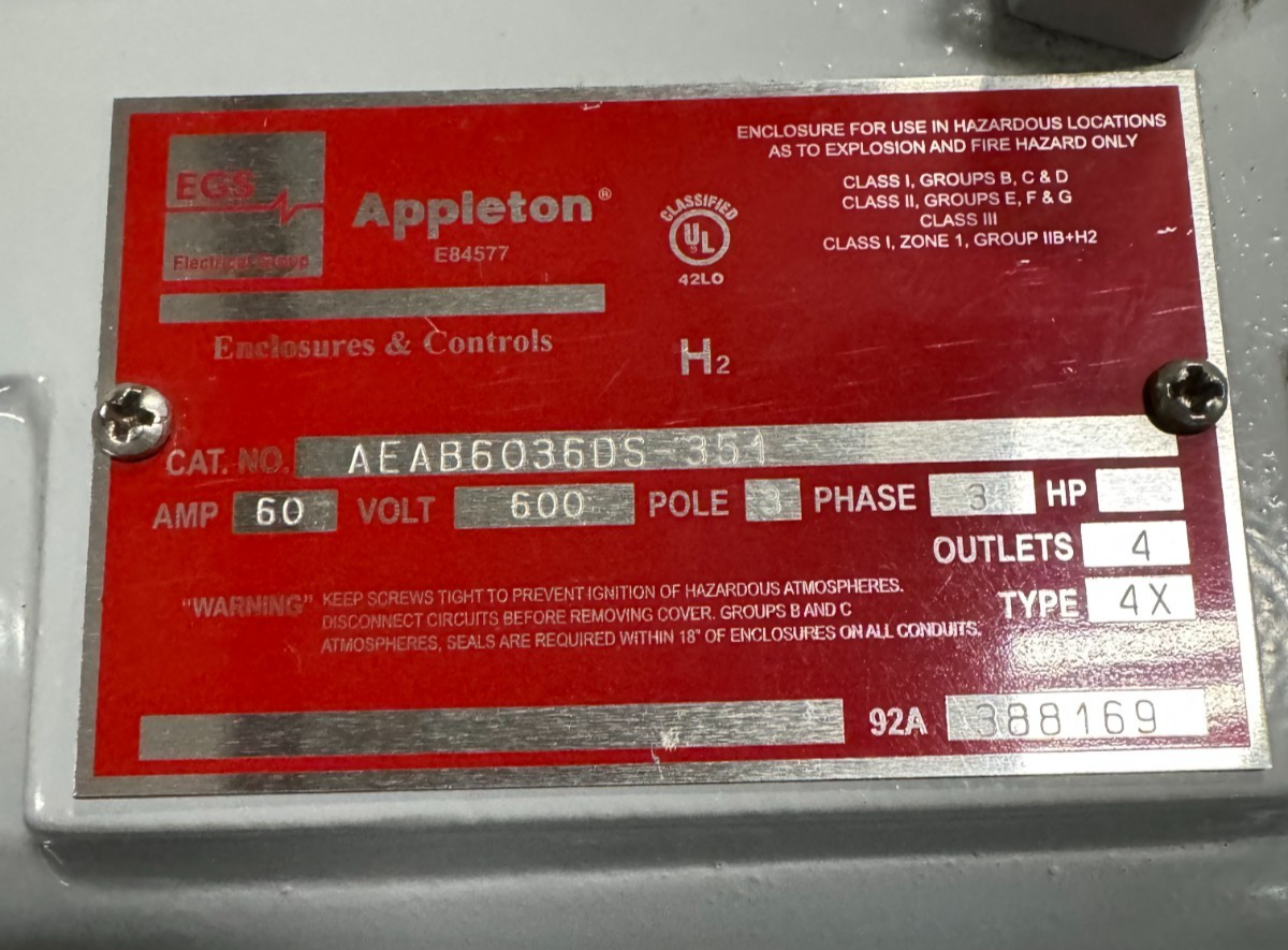 APPLETON EGS EXPLOSION PROOF SWITCH V47 60 AMP 600 V 3 POLE 3 PH AEAB6036DS-351