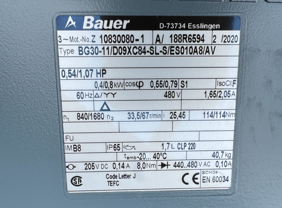 Bauer Gear Motor EE MODEL BG30-11/D09XC84-SL-S/ES00A8/AV 840/1680 TO 33.5/67 RPM