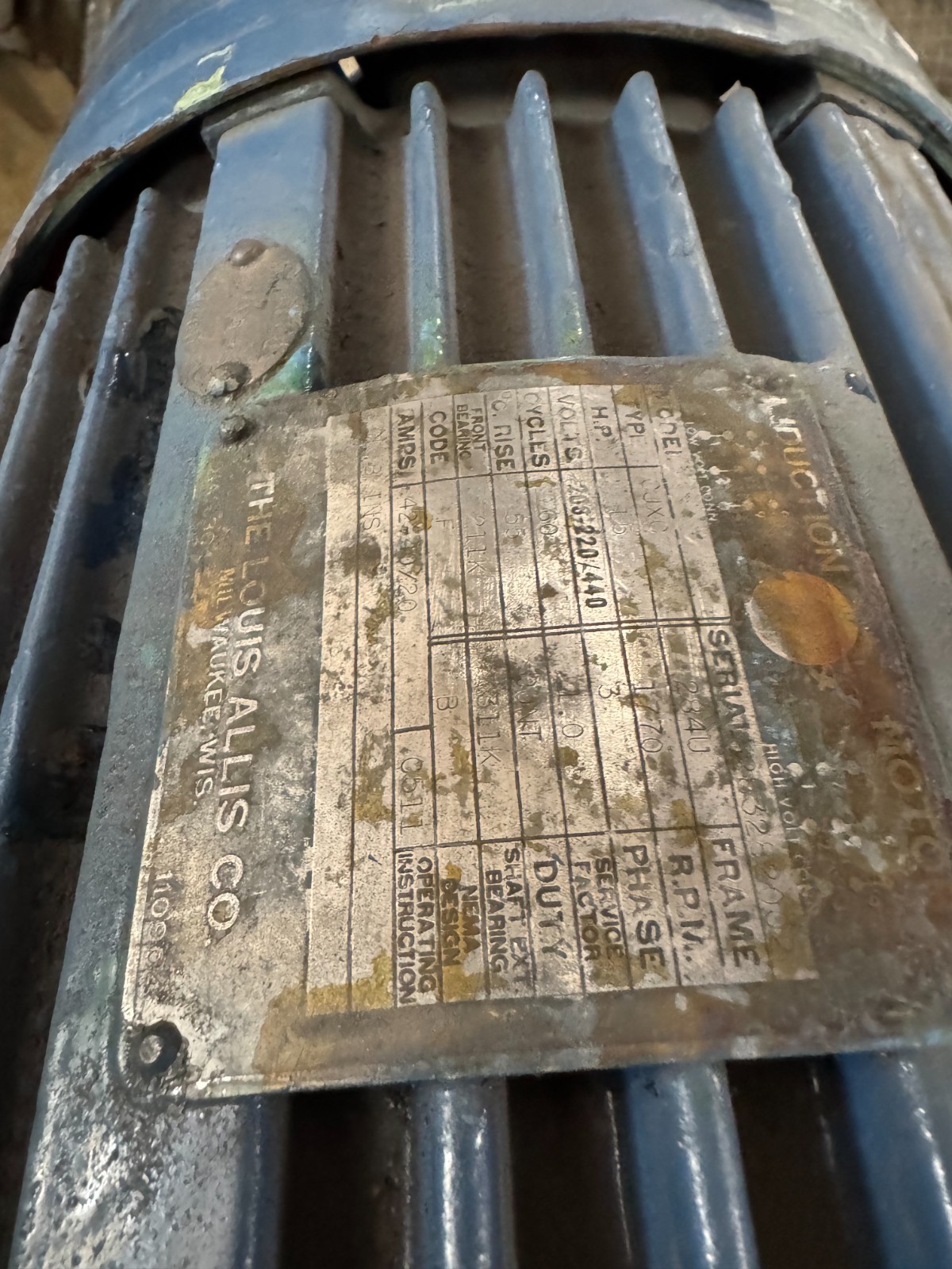 LOUIS ALLIS MOTOR X 15 HP MODEL CJXC 1770 RPM 208-220/440 V 3 PH 42/20AMP F 284U