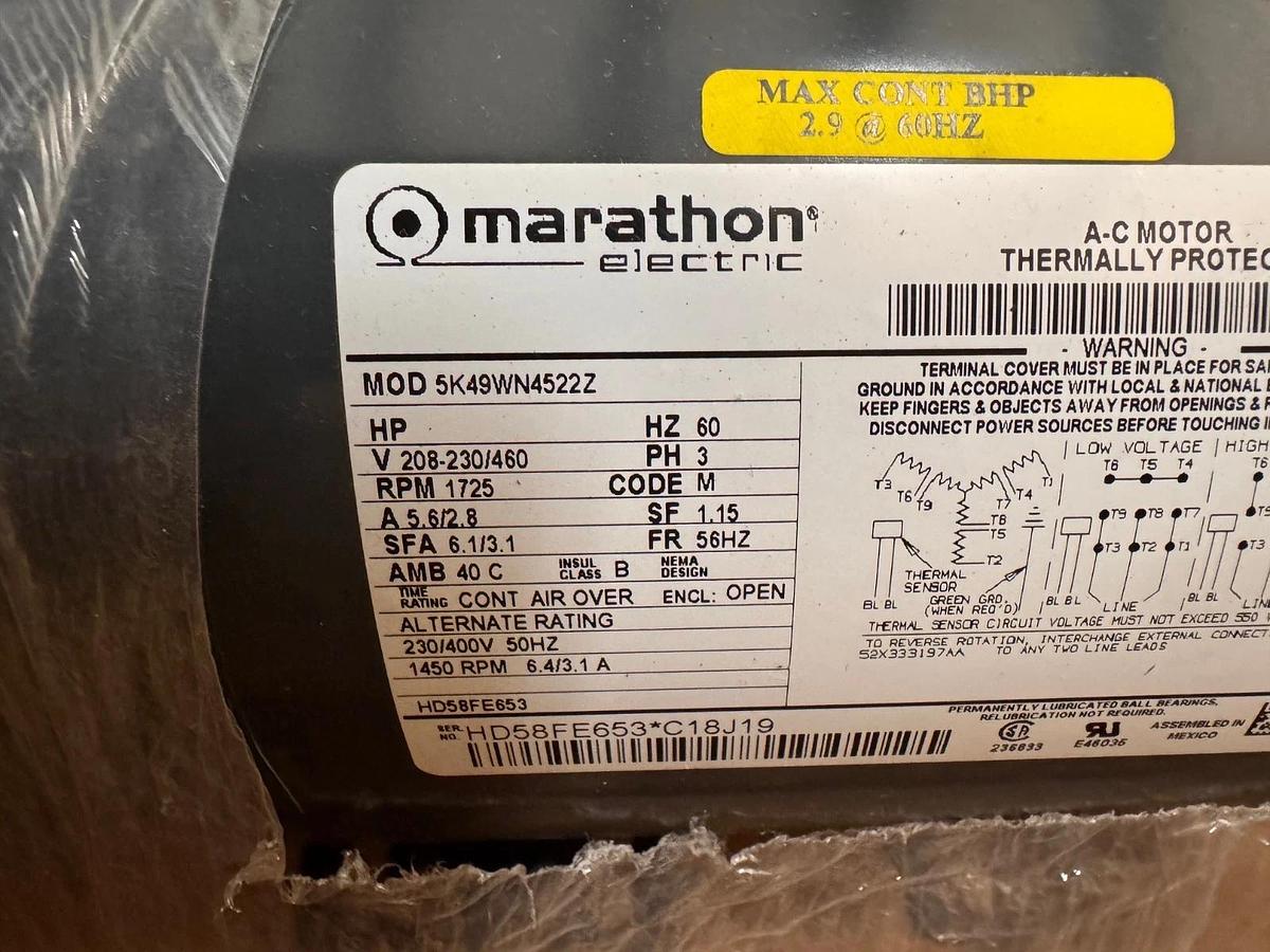 MARATHON Motor 1.5 HP MODEL HD58FE653  ZI1 1725 RPM 208-230/ 460 V 3 PH 5.6/2.8