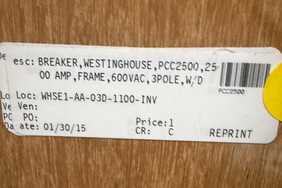 Refurbished BREAKER WESTINGHOUSE 2500 AMP 600 V MODEL PCC2500 2YN5
