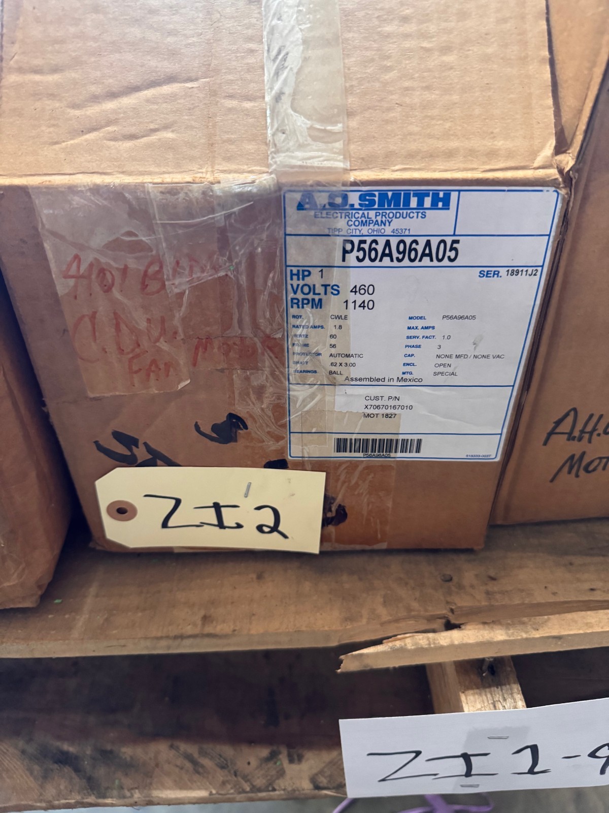 AO SMITH Motor 1 HP MODEL MOT021827 P56A96A05 ZI2 ZI5 ZL3 1140 RPM 460 V 1.8 AMP