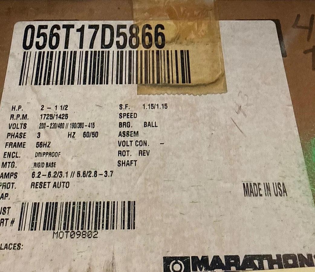 Used MARATHON Motor 2 HP MODEL MOT09802 NQA 56T1 ZF3A ZFA3 1725 RPM 208/230-460 V 3