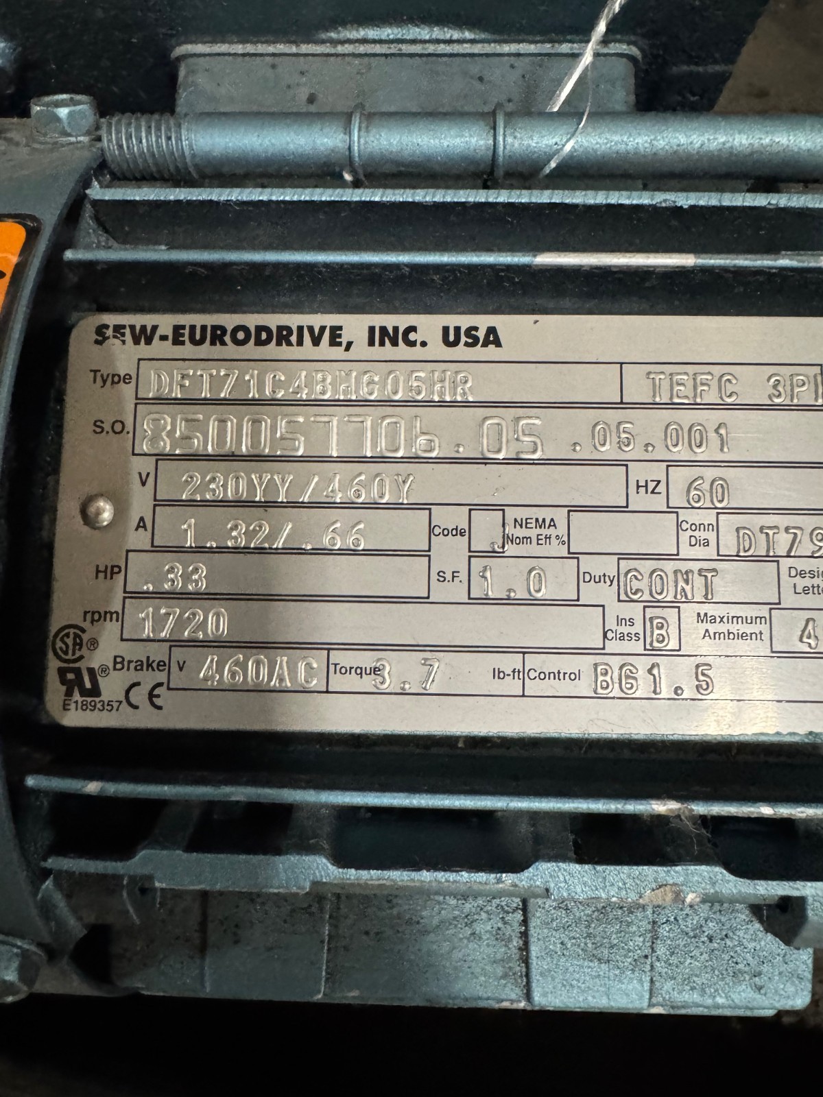 SEW-EURODRIVE GEAR MOTOR WA57 MOD K107 R17DT71C4BMG05HR 1720 TO 133 RPM 1/3 HP