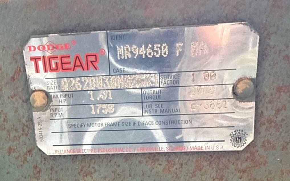 TIGEAR/2 BALDOR GEAR REDUCER 1XPF MOD MR94650FHA 1750 RPM 1.31 HP MAX TORQUE
