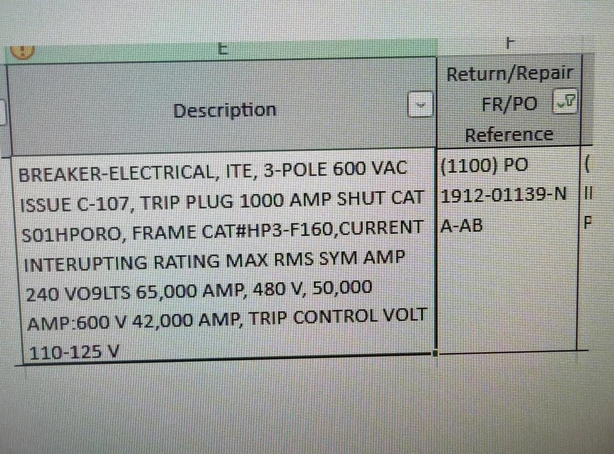 Refurbished ITE 1000 AMP BREAKER 2YU8 MODEL HPSM100CSN TYPE ETM 1KA MAGNETIC TRIP 2 SHUT
