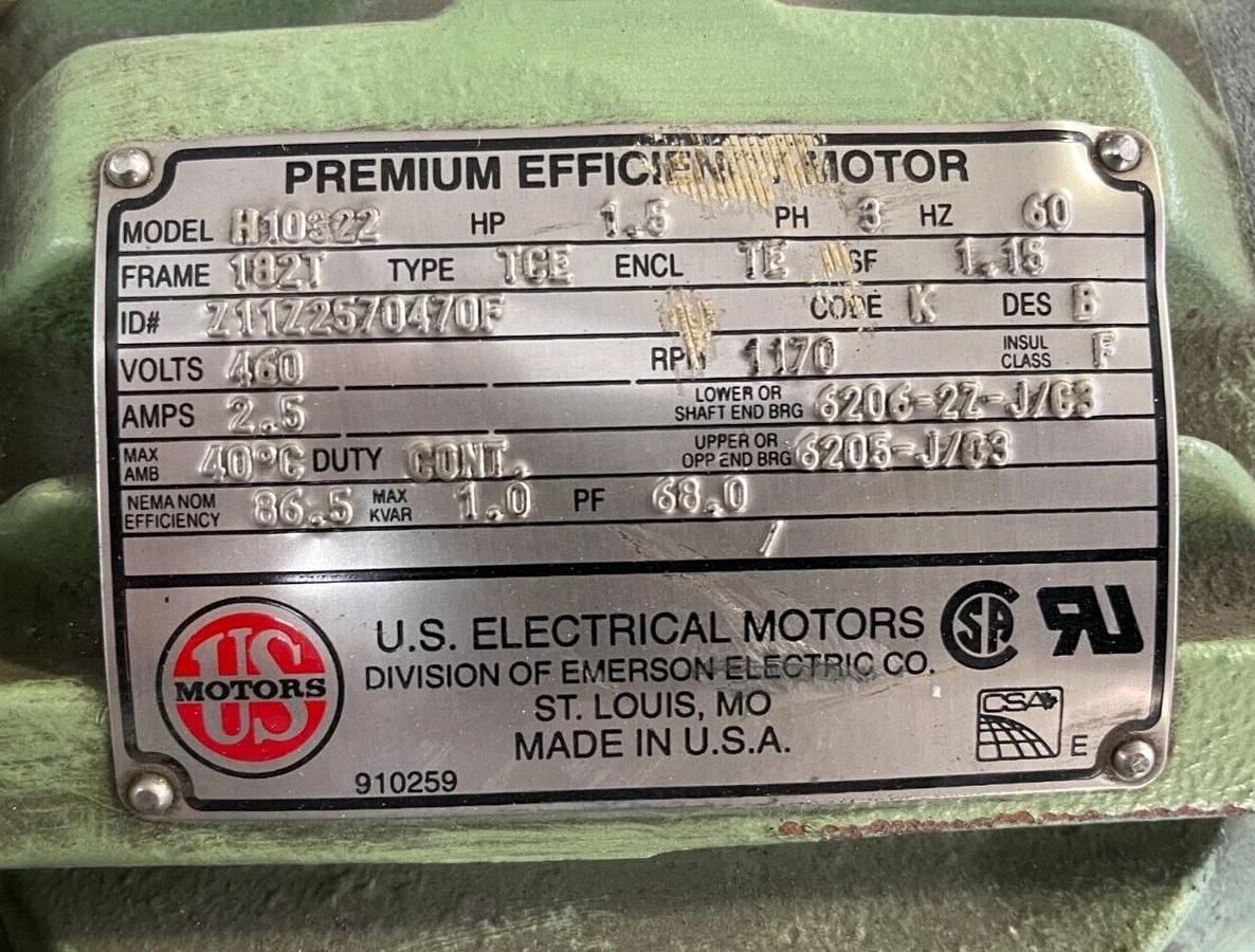 US MOTORS 1.5 HP MOTOR 1170 RPM 460 V FRAME 182T H10322