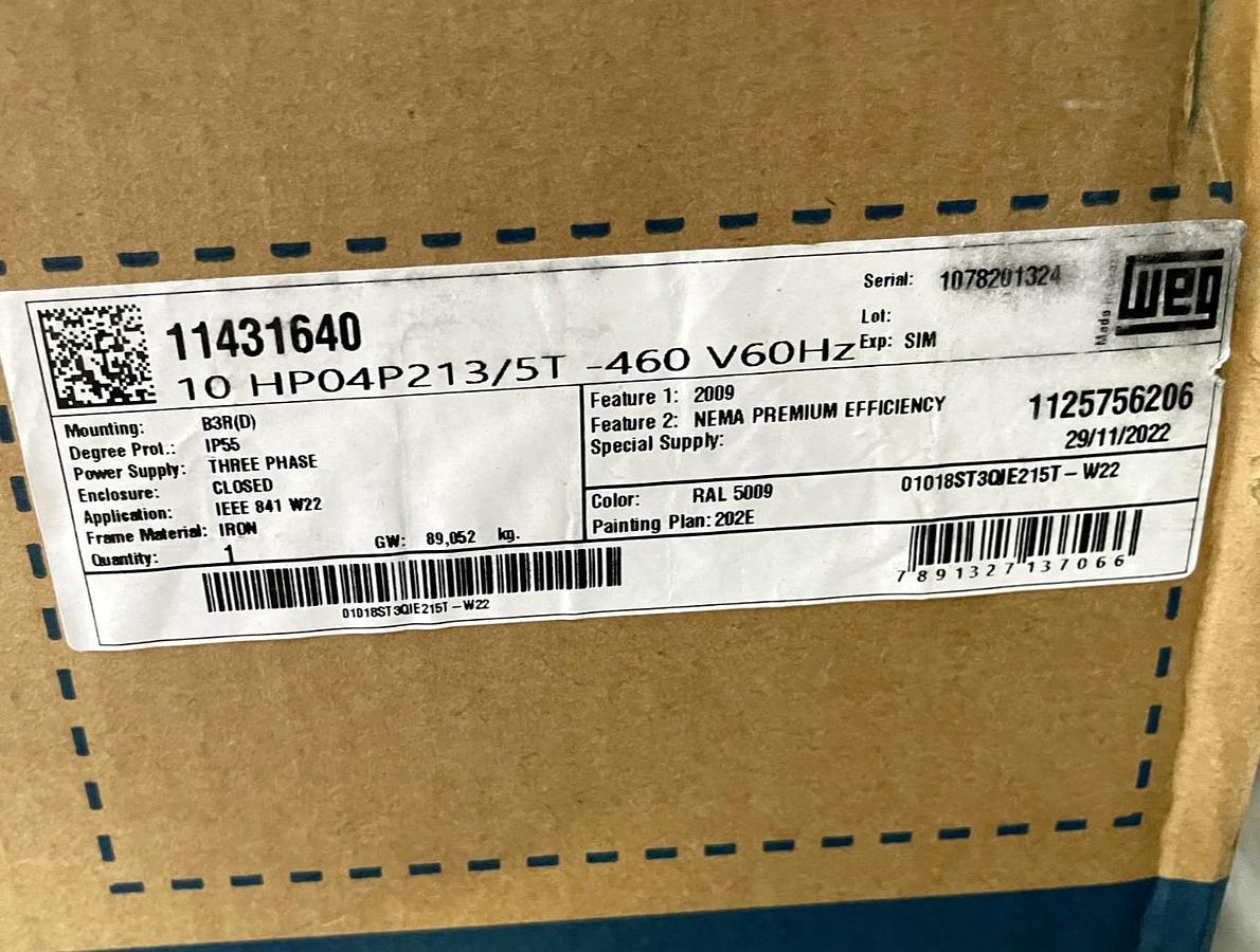 WEG 10 HP MOTOR 1765 RPM 460 V FRAME 213/5T 01018ST3QIE215T-W22